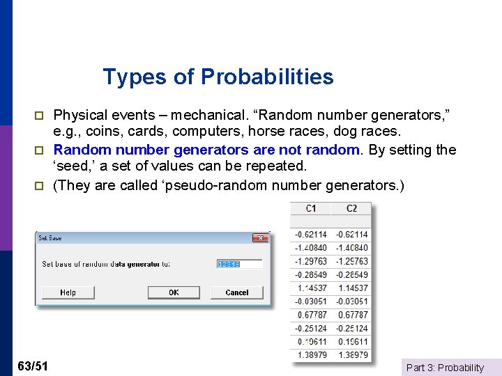 Types of Probabilities p p p 63/51 Physical events – mechanical. “Random number generators,