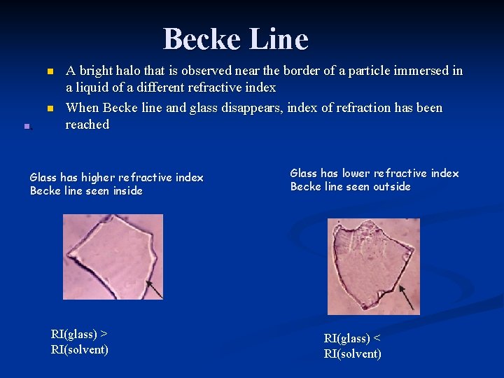 Becke Line n n n. A bright halo that is observed near the border Becke Line n n n. A bright halo that is observed near the border