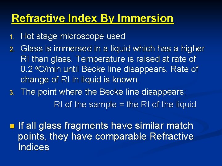 Refractive Index By Immersion 1. 2. 3. n Hot stage microscope used Glass is