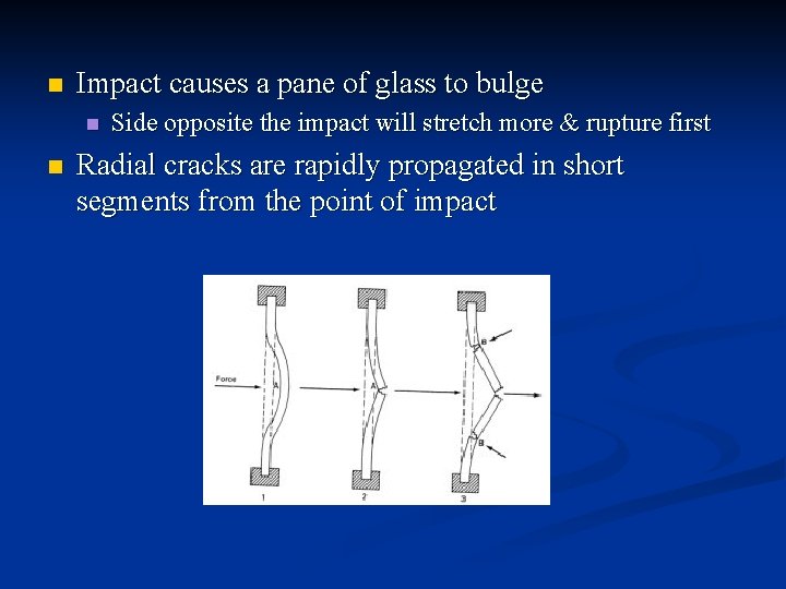 n Impact causes a pane of glass to bulge n n Side opposite the