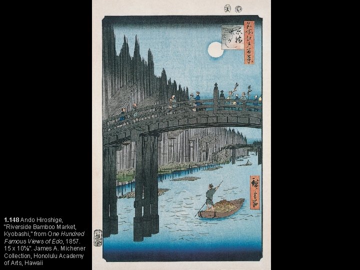1. 148 Ando Hiroshige, “Riverside Bamboo Market, Kyobashi, ” from One Hundred Famous Views
