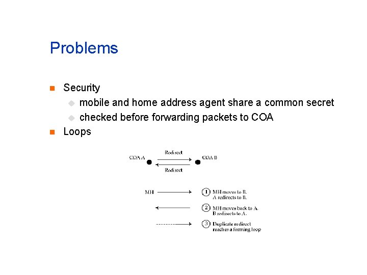 Problems n n Security u mobile and home address agent share a common secret