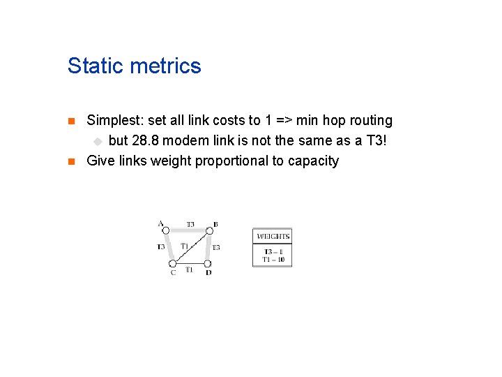 Static metrics n n Simplest: set all link costs to 1 => min hop