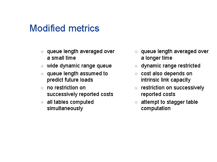 Modified metrics u u u queue length averaged over a small time wide dynamic