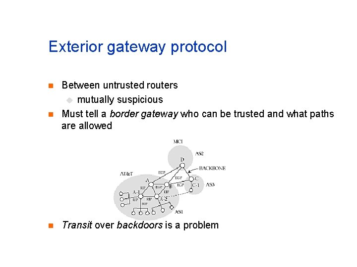 Exterior gateway protocol n n n Between untrusted routers u mutually suspicious Must tell