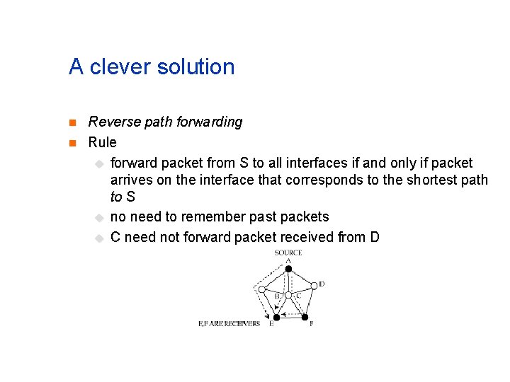 A clever solution n n Reverse path forwarding Rule u forward packet from S