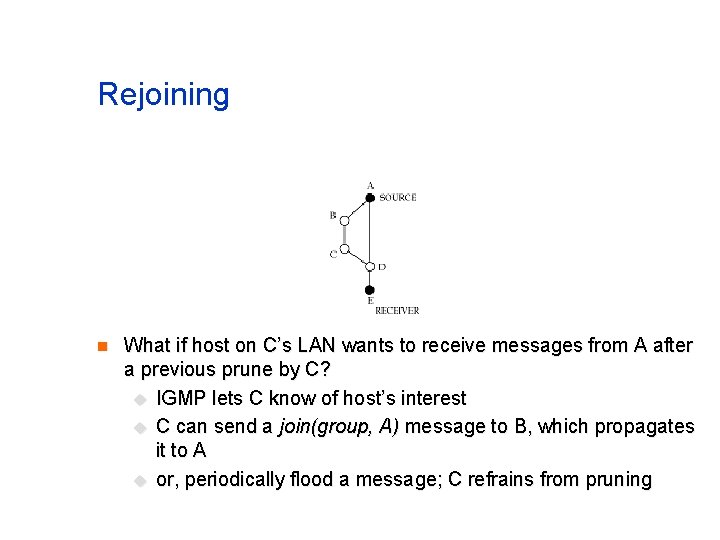 Rejoining n What if host on C’s LAN wants to receive messages from A