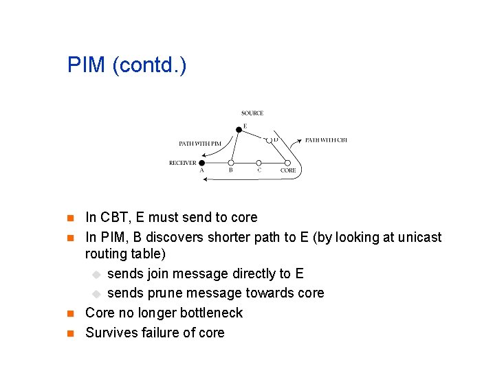 PIM (contd. ) n n In CBT, E must send to core In PIM,