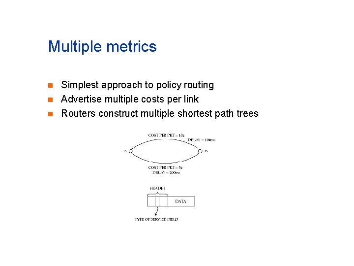 Multiple metrics n n n Simplest approach to policy routing Advertise multiple costs per