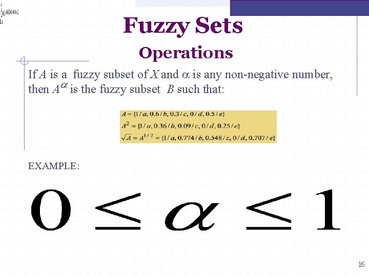 Fuzzy Sets Operations If A is a fuzzy subset of X and a is