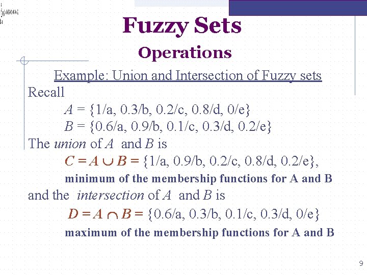 Fuzzy Sets Operations Example: Union and Intersection of Fuzzy sets Recall A = {1/a,