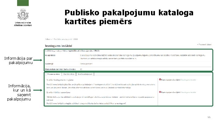 Publisko pakalpojumu kataloga kartītes piemērs Informācija par pakalpojumu Informācija, kur un kā saņemt pakalpojumu