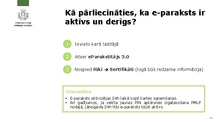 Kā pārliecināties, ka e-paraksts ir aktīvs un derīgs? 1 Ievieto karti lasītājā 2 Atver