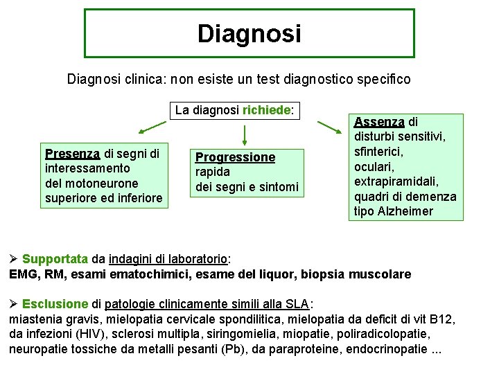 Diagnosi clinica: non esiste un test diagnostico specifico La diagnosi richiede: Presenza di segni