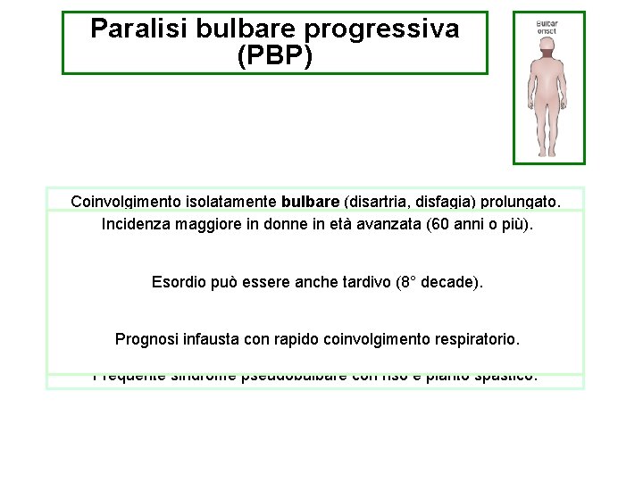 Paralisi bulbare progressiva (PBP) Coinvolgimento isolatamente bulbare (disartria, disfagia) prolungato. Incidenza maggiore in donne