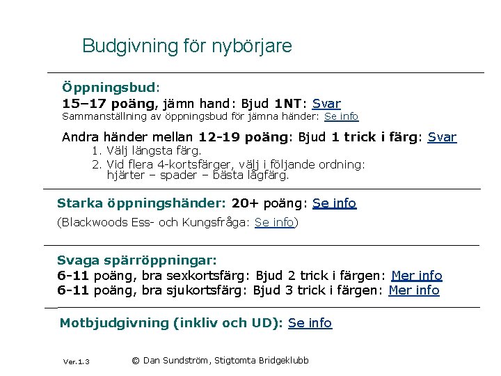 Budgivning för nybörjare Öppningsbud: 15– 17 poäng, jämn hand: Bjud 1 NT: Svar Sammanställning