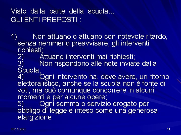 Visto dalla parte della scuola… GLI ENTI PREPOSTI : 1) Non attuano o attuano