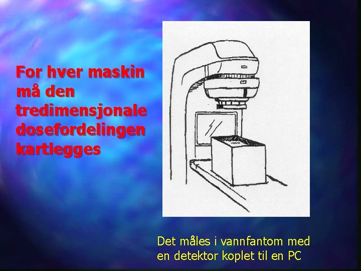 For hver maskin må den tredimensjonale dosefordelingen kartlegges Det måles i vannfantom med en