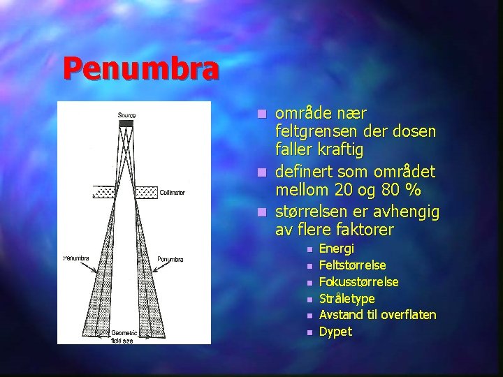 Penumbra område nær feltgrensen der dosen faller kraftig n definert som området mellom 20 Penumbra område nær feltgrensen der dosen faller kraftig n definert som området mellom 20