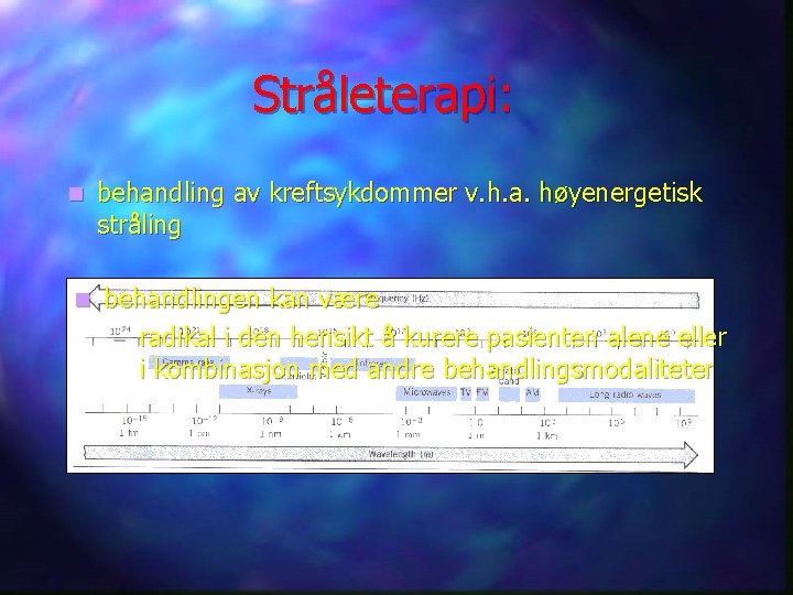 Stråleterapi: n n behandling av kreftsykdommer v. h. a. høyenergetisk stråling behandlingen kan være