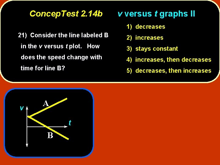 Concep. Test 2. 14 b v versus t graphs II 1) decreases 21) Consider