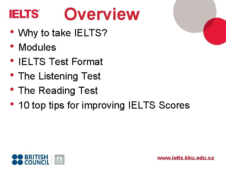 Overview • Why to take IELTS? • Modules • IELTS Test Format • The