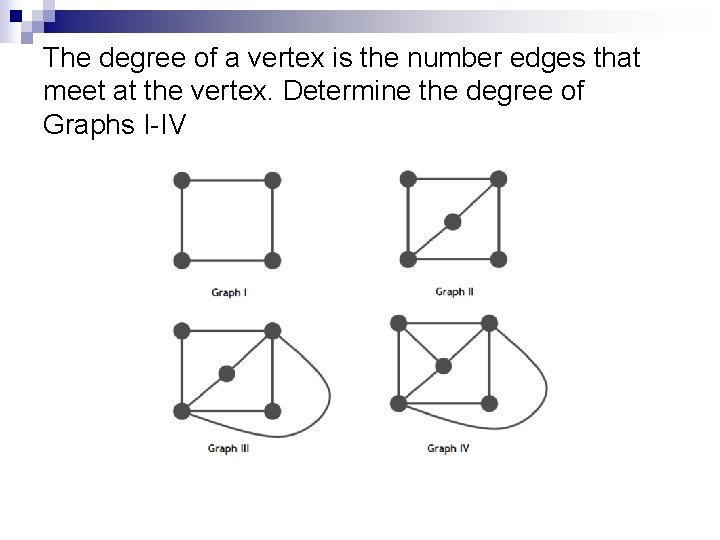 The degree of a vertex is the number edges that meet at the vertex.