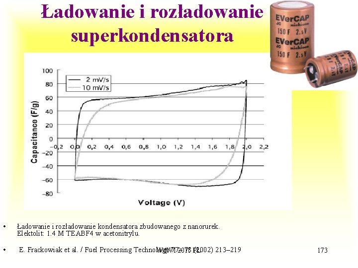 Ładowanie i rozładowanie superkondensatora • Ładowanie i rozładowanie kondensatora zbudowanego z nanorurek. Elektolit: 1.