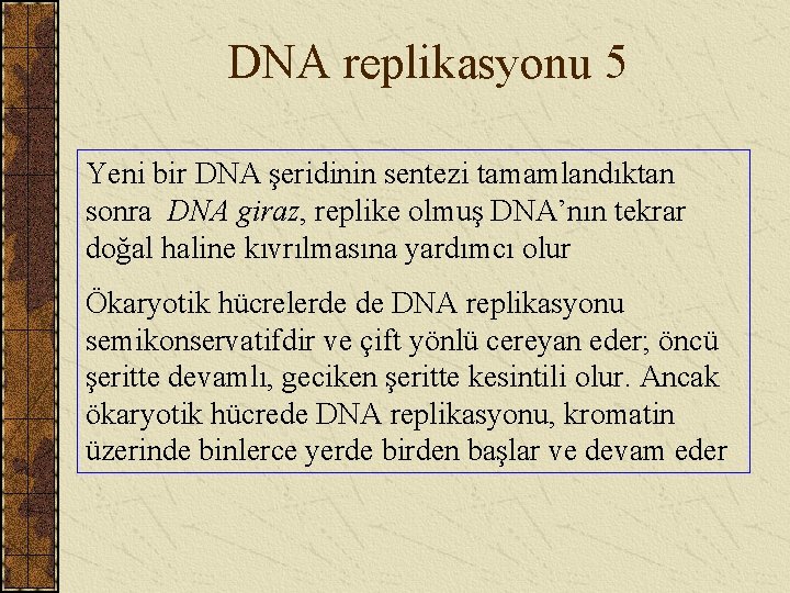 DNA replikasyonu 5 Yeni bir DNA şeridinin sentezi tamamlandıktan sonra DNA giraz, replike olmuş