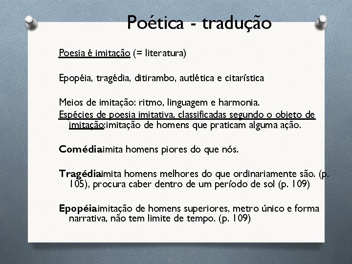 Poética - tradução Poesia é imitação (= literatura) Epopéia, tragédia, ditirambo, autlética e citarística