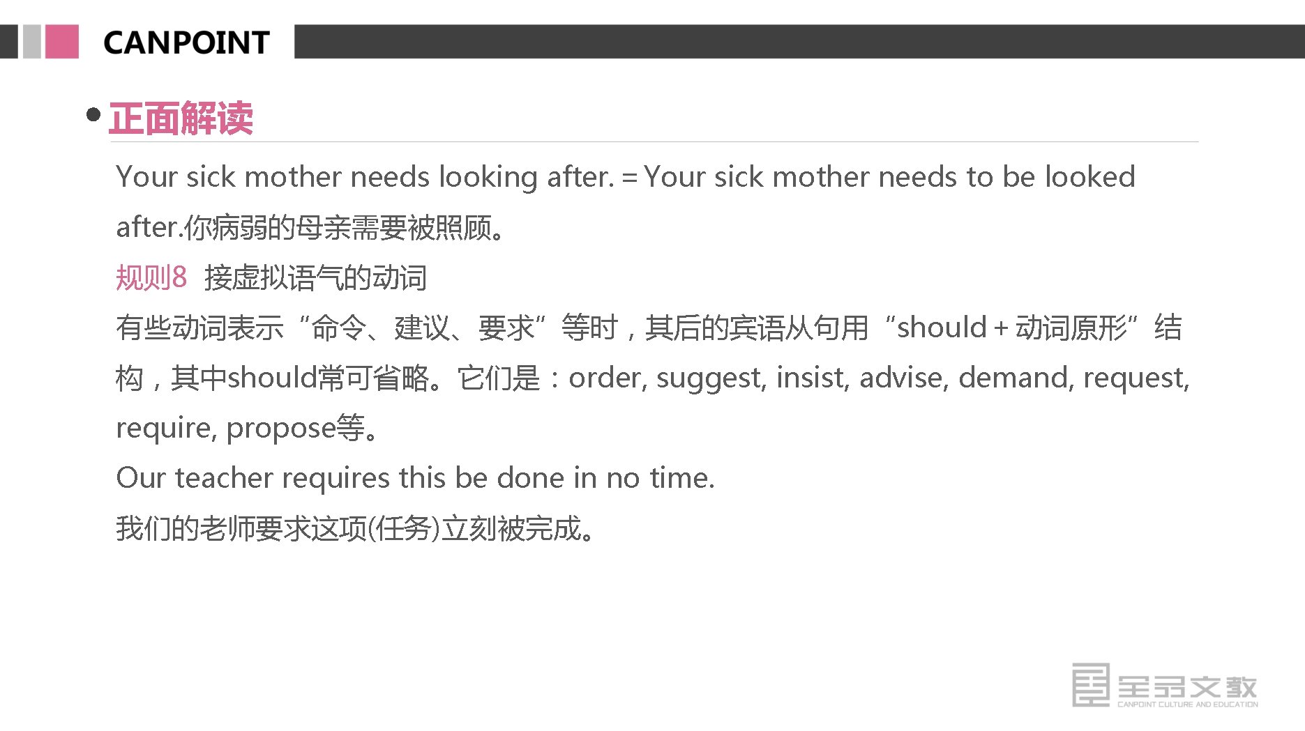 正面解读 Your sick mother needs looking after. ＝Your sick mother needs to be looked