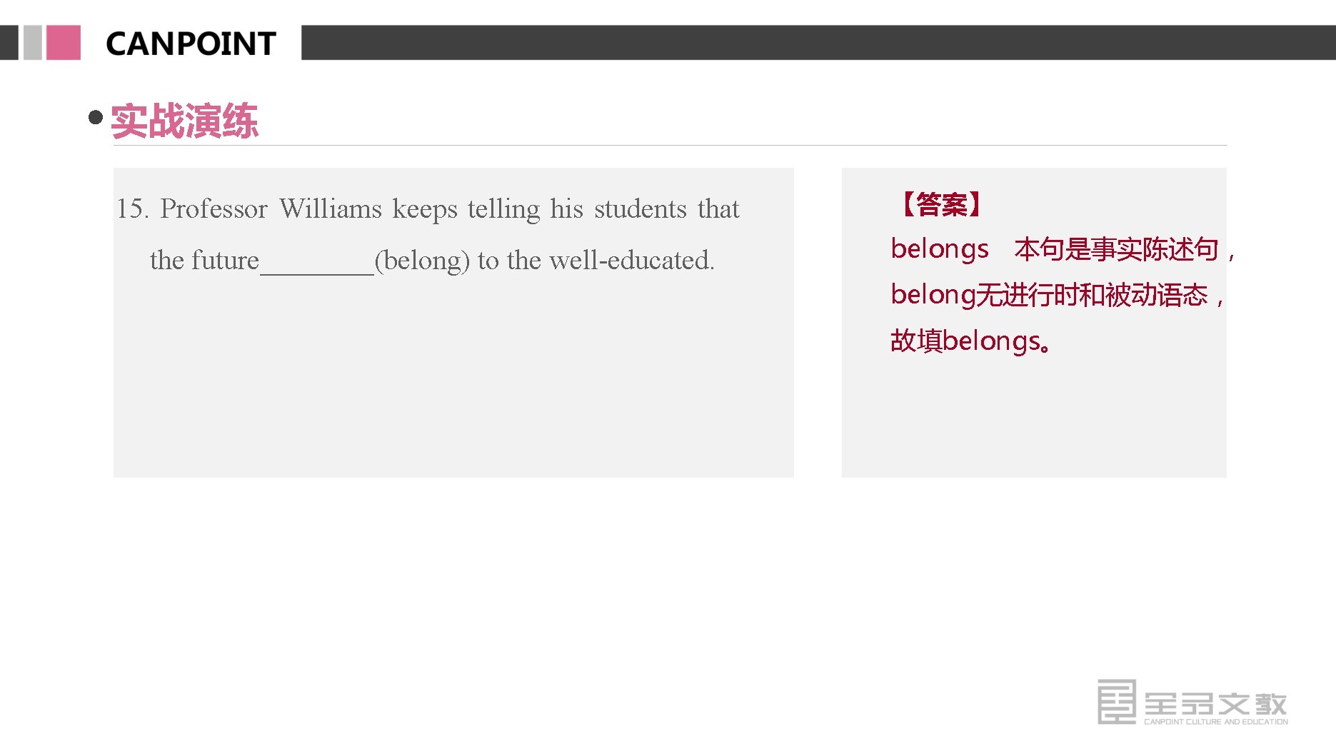 实战演练 15. Professor Williams keeps telling his students that the future____(belong) to the well