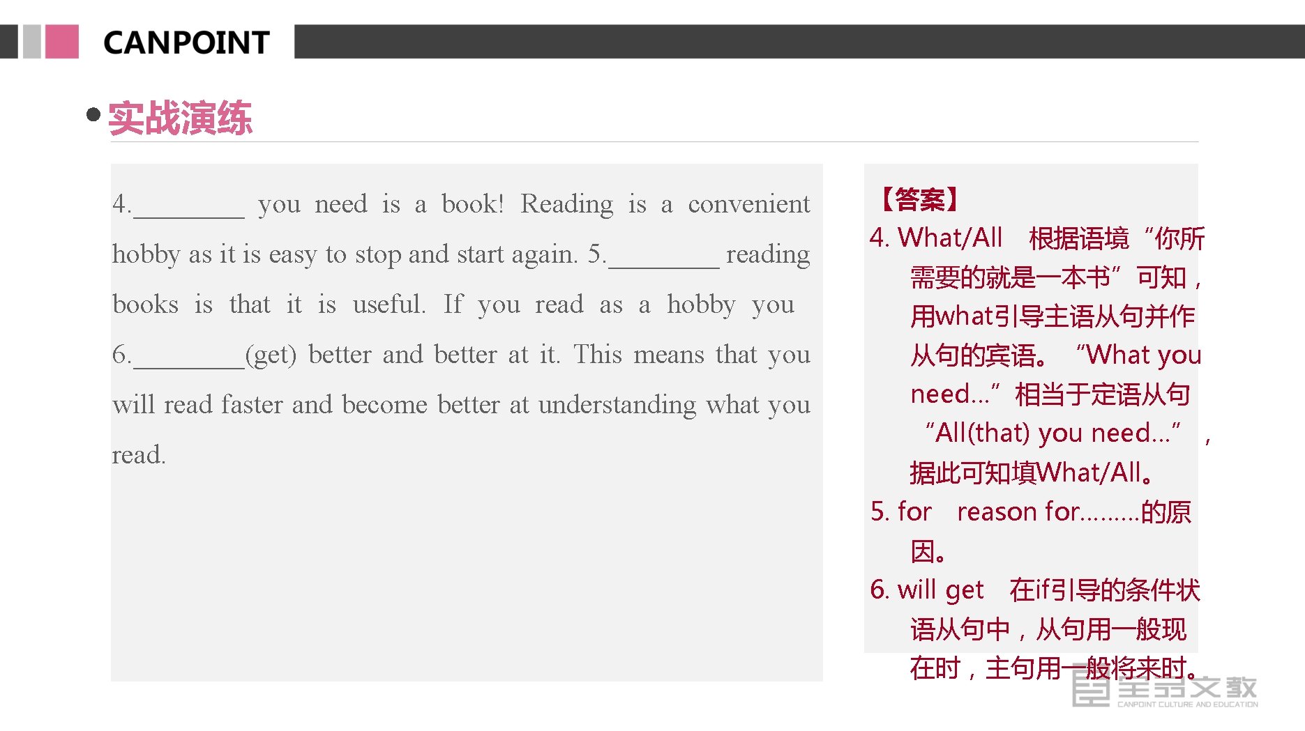 实战演练 4. ____ you need is a book! Reading is a convenient hobby as