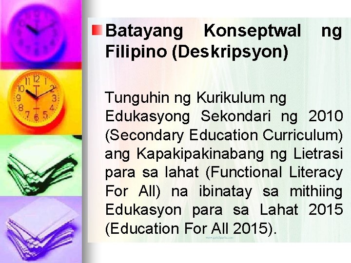 Batayang Konseptwal Filipino (Deskripsyon) ng Tunguhin ng Kurikulum ng Edukasyong Sekondari ng 2010 (Secondary