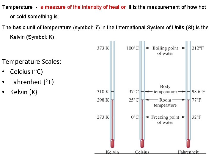 Temperature - a measure of the intensity of heat or it is the measurement