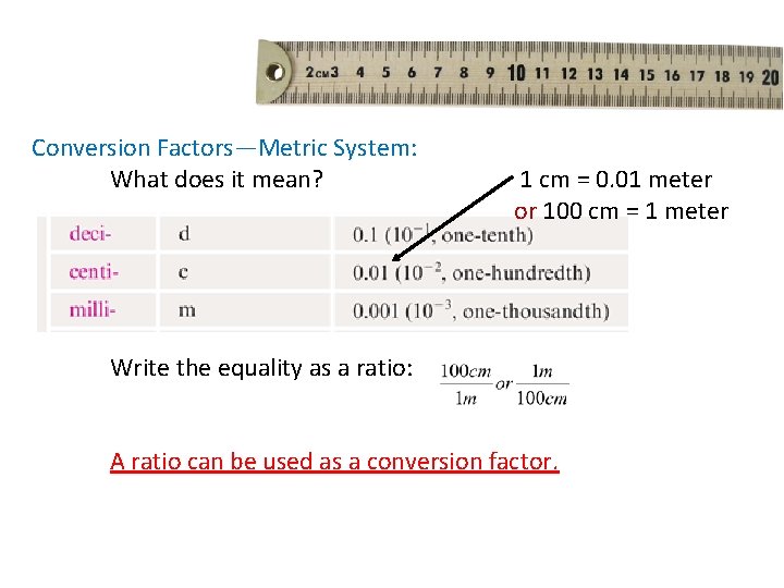Conversion Factors—Metric System: What does it mean? 1 cm = 0. 01 meter or