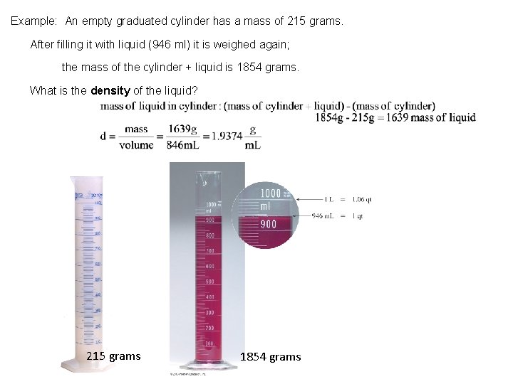 Example: An empty graduated cylinder has a mass of 215 grams. After filling it