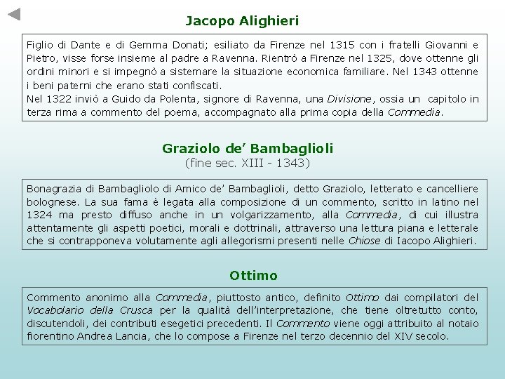 Jacopo Alighieri Figlio di Dante e di Gemma Donati; esiliato da Firenze nel 1315