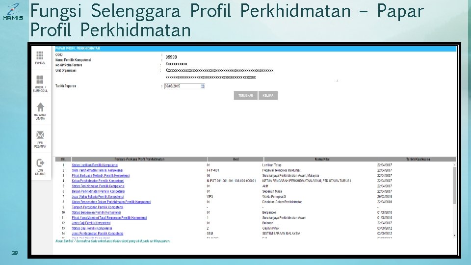 Fungsi Selenggara Profil Perkhidmatan – Papar Profil Perkhidmatan 20 