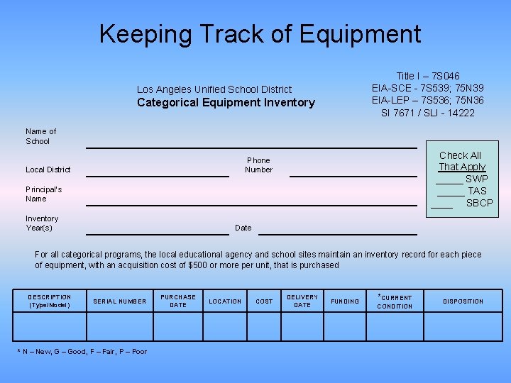 Keeping Track of Equipment Title I – 7 S 046 EIA-SCE - 7 S