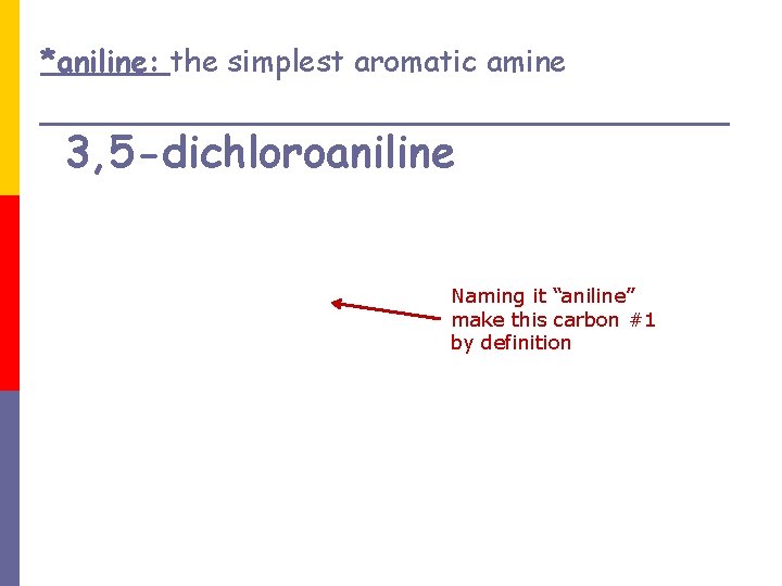 *aniline: the simplest aromatic amine 3, 5 -dichloroaniline Naming it “aniline” make this carbon