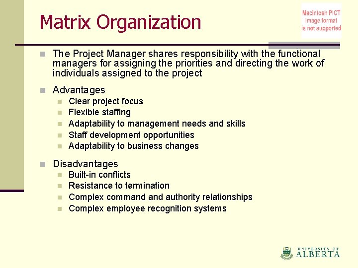 Matrix Organization n The Project Manager shares responsibility with the functional managers for assigning