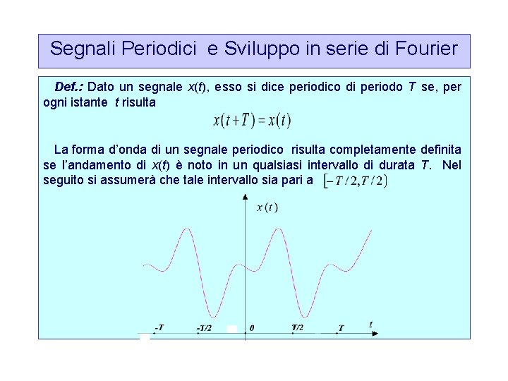 Segnali Periodici e Sviluppo in serie di Fourier Def. : Dato un segnale x(t),