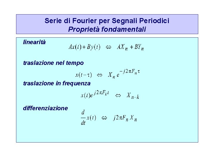 Serie di Fourier per Segnali Periodici Proprietà fondamentali linearità traslazione nel tempo traslazione in
