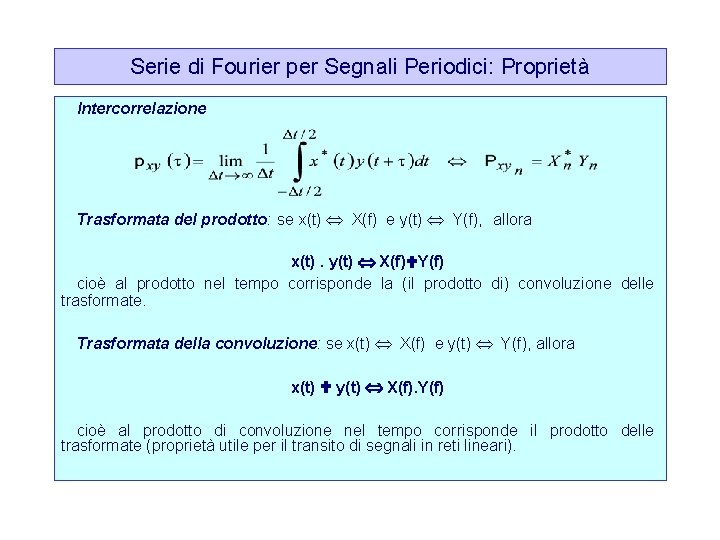 Serie di Fourier per Segnali Periodici: Proprietà Intercorrelazione Trasformata del prodotto: se x(t) X(f)