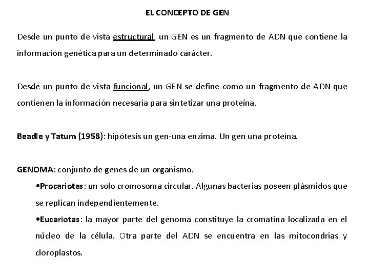 EL CONCEPTO DE GEN Desde un punto de vista estructural, un GEN es un