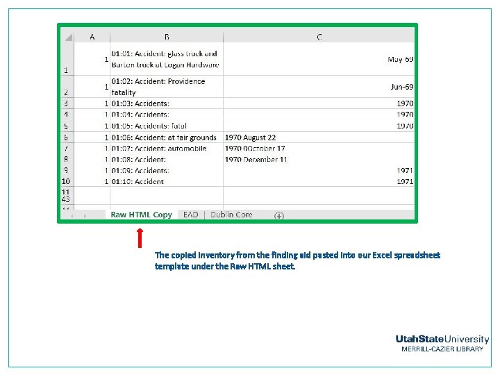 The copied inventory from the finding aid pasted into our Excel spreadsheet template under