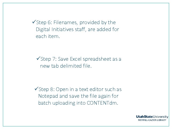 üStep 6: Filenames, provided by the Digital Initiatives staff, are added for each item.