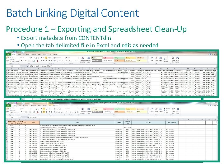 Batch Linking Digital Content Procedure 1 – Exporting and Spreadsheet Clean-Up • Export metadata