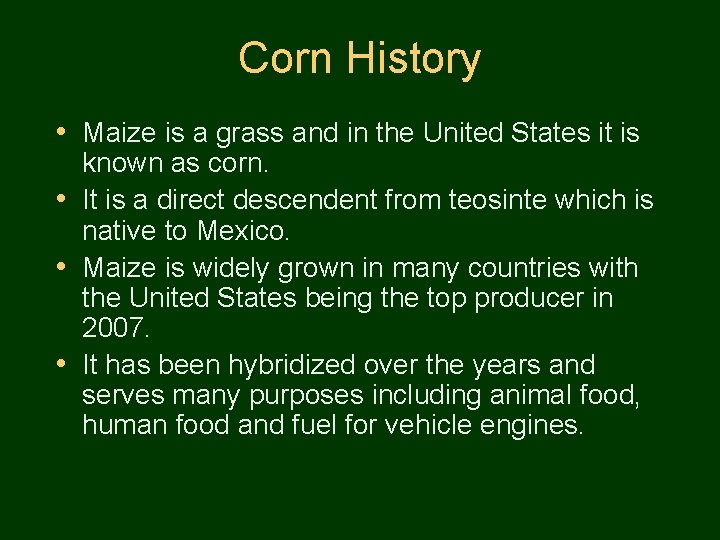 Corn History • Maize is a grass and in the United States it is